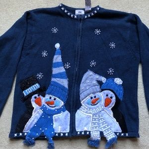 Vintage Tiara Snowmen Blue Christmas Holiday zip-up sweater (girls 16)